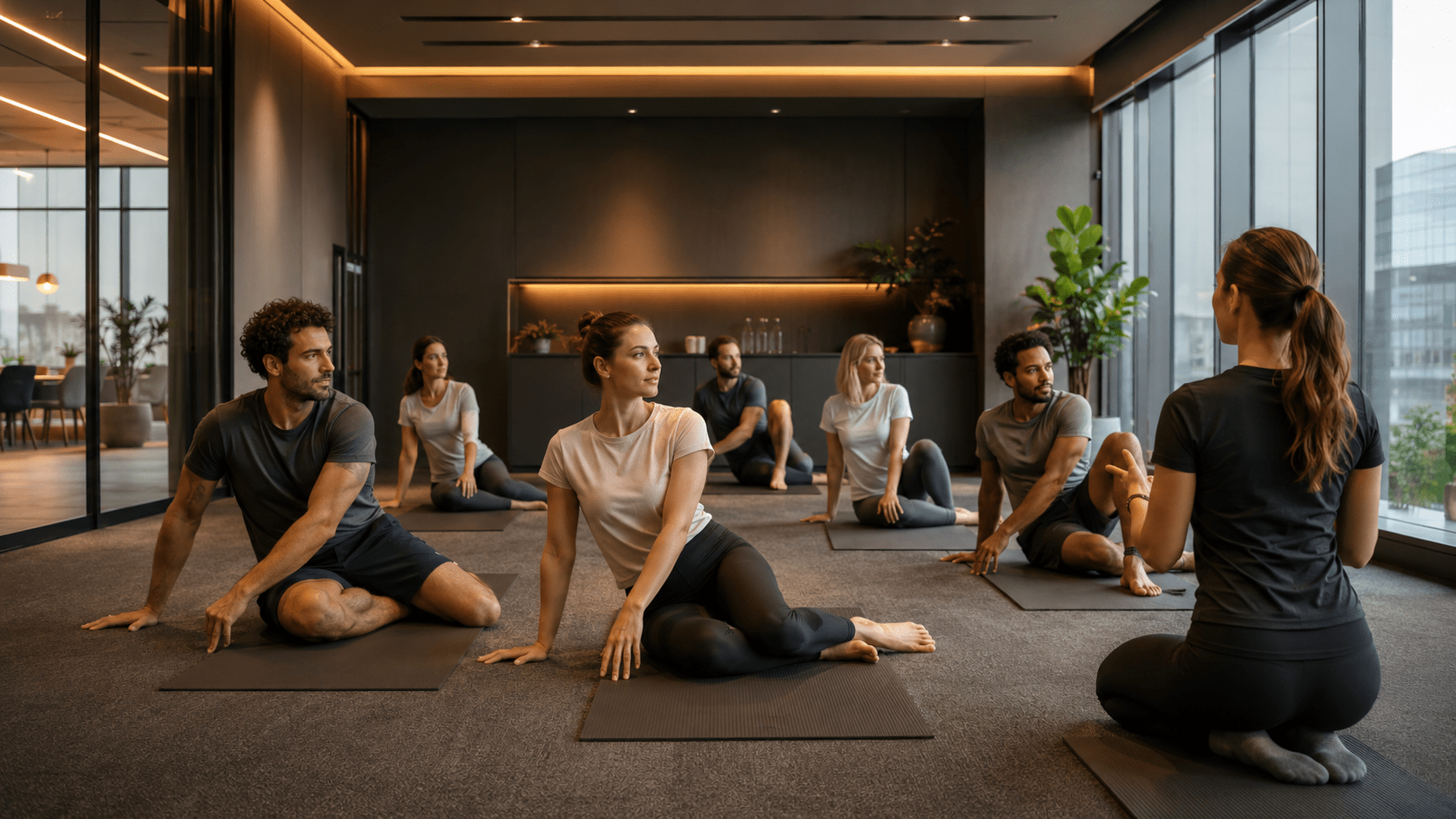 Employees taking part in a professionally guided health course inside a company