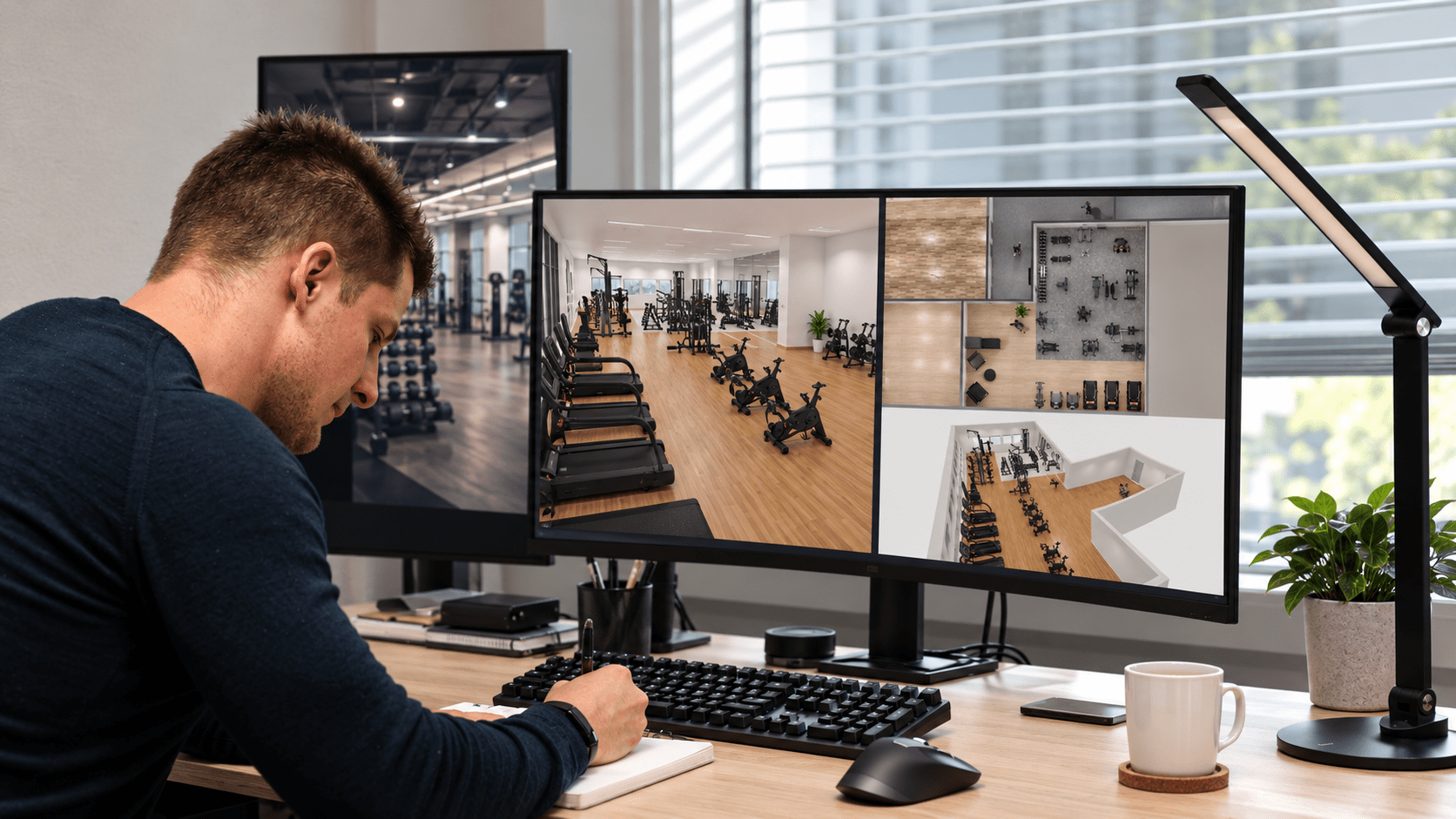3D-Konzept eines geplanten Corporate Fitness Bereichs mit unterschiedlichen Trainingszonen