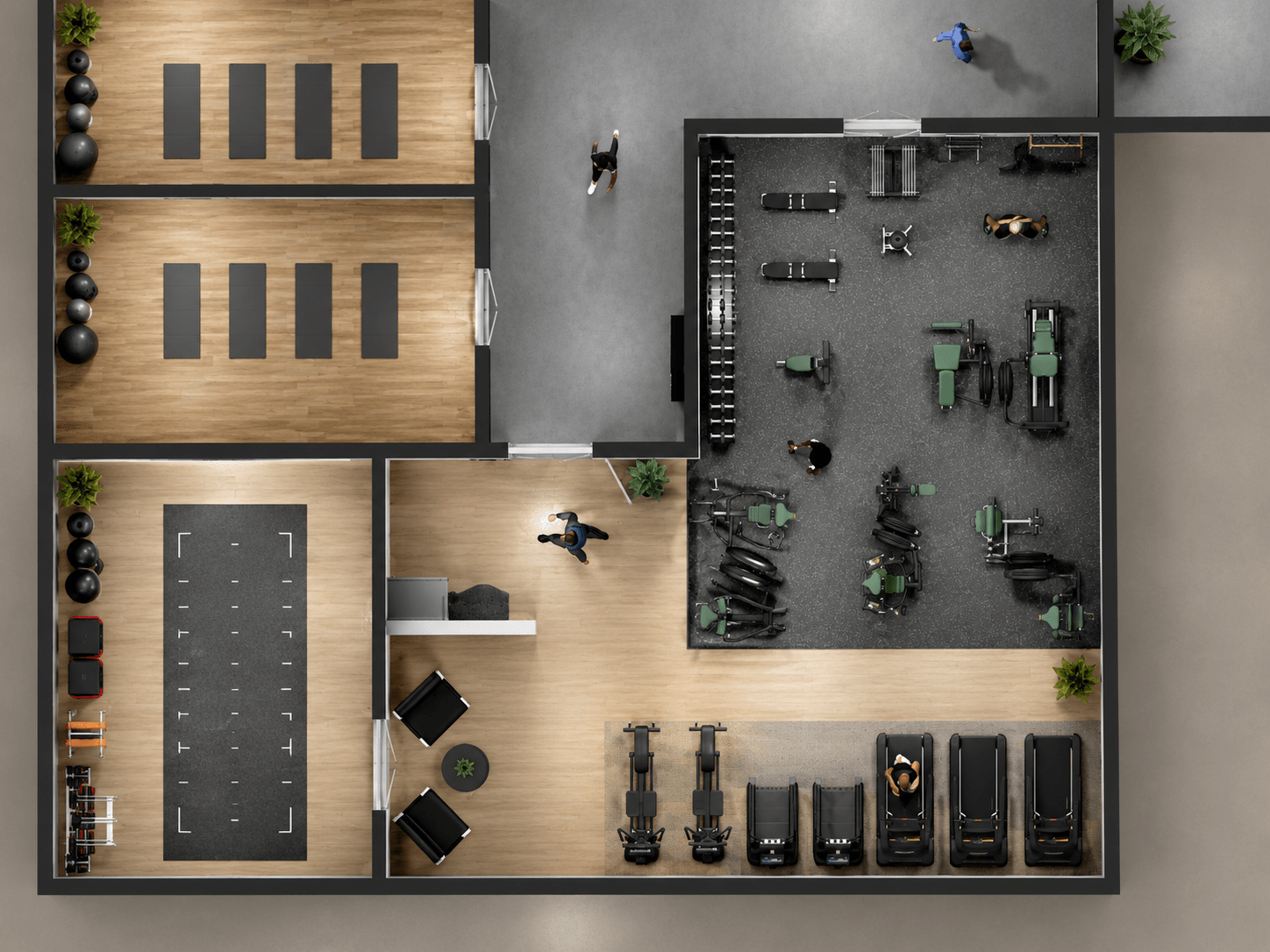 Draufsicht einer professionellen Fitnessraumplanung für einen Unternehmensstandort