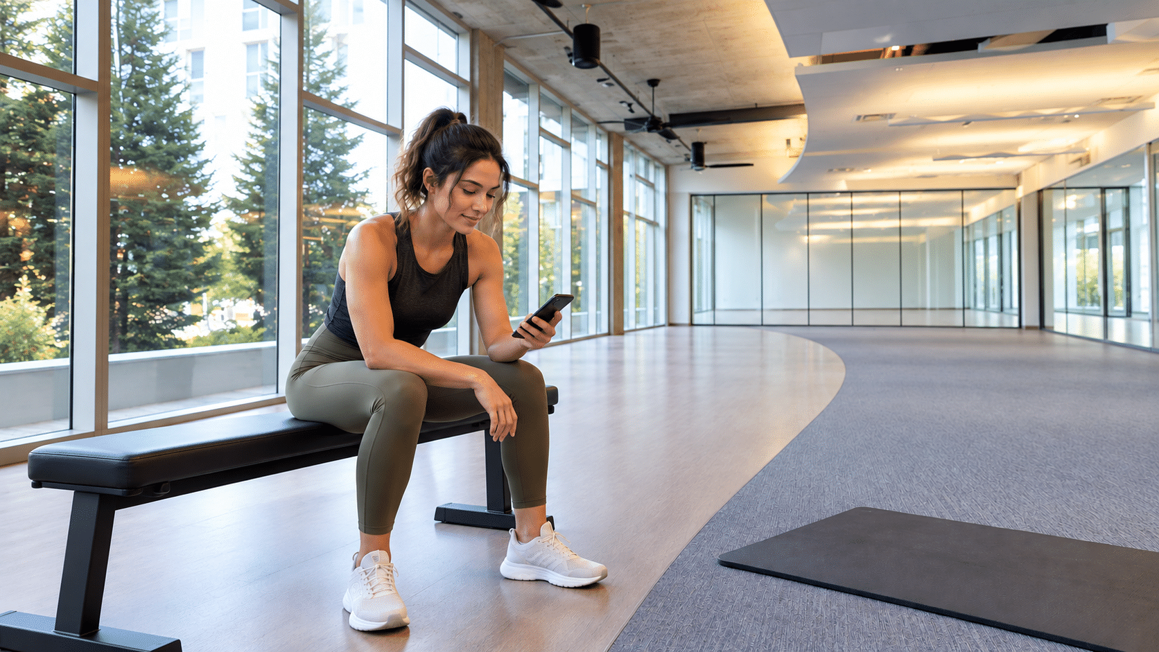 Mitarbeiterin nutzt ihr Smartphone während einer Trainingspause auf der Bank im Firmen-Gym
