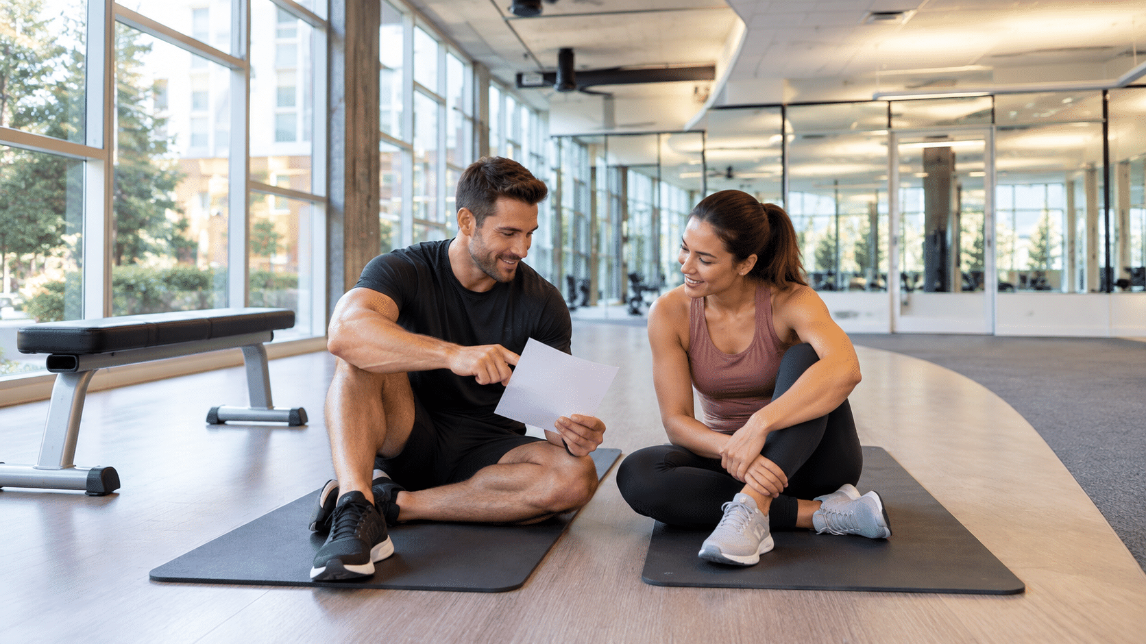 Personaltrainer bespricht den Trainingsplan mit einer Mitarbeiterin im Firmen-Gym